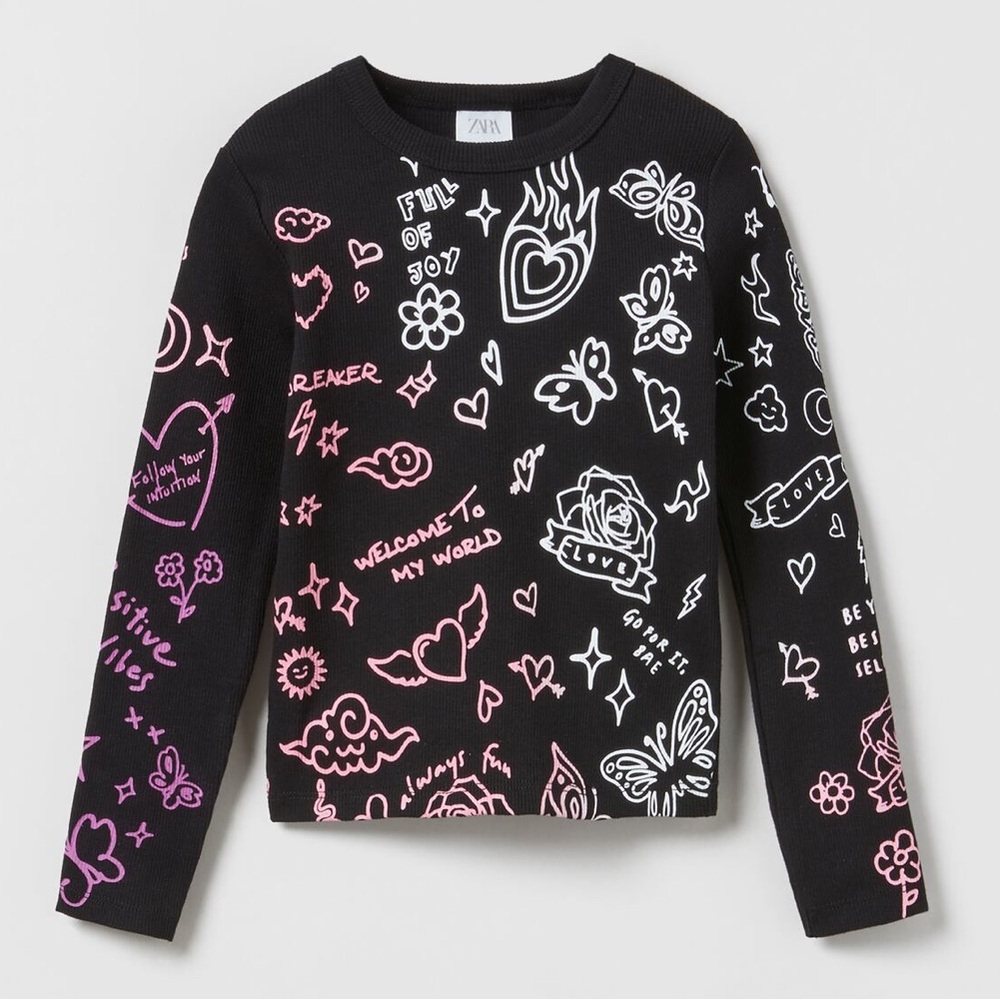 ZARA - GIRL’S TATTOOS RIB T-SHIRT - SIZE 8